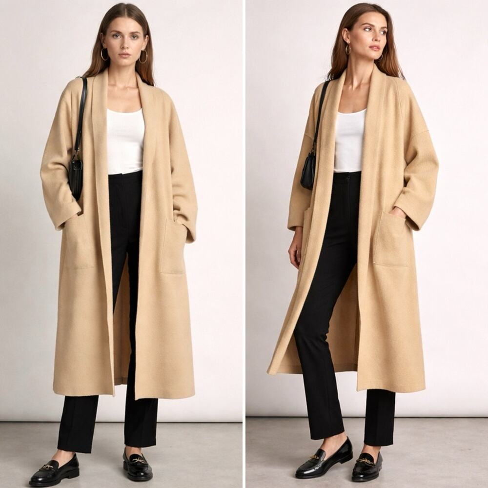 Zara Long Knit Cardigan Coat Tan Camel Open Front Duster Pockets Size Small